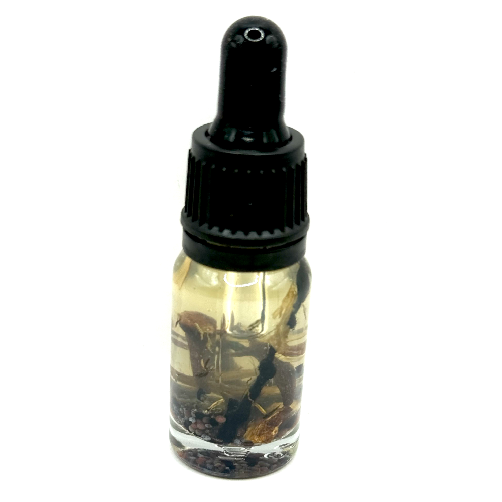 Mouth Stitched Oil – ritual shut-your-mouth blend with clove, poppy, myrrh, black thread and protective seeds in 10ml bottle by The Wild Cauldron.