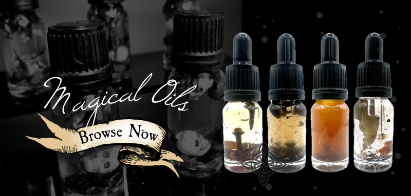 Handcrafted magical oils in glass dropper bottles with herbs and curios, used for ritual and spellwork – The Wild Cauldron collection banner