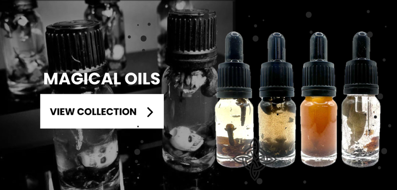 Handcrafted magical oils in glass dropper bottles with herbs and curios, used for ritual and spellwork – The Wild Cauldron collection banner