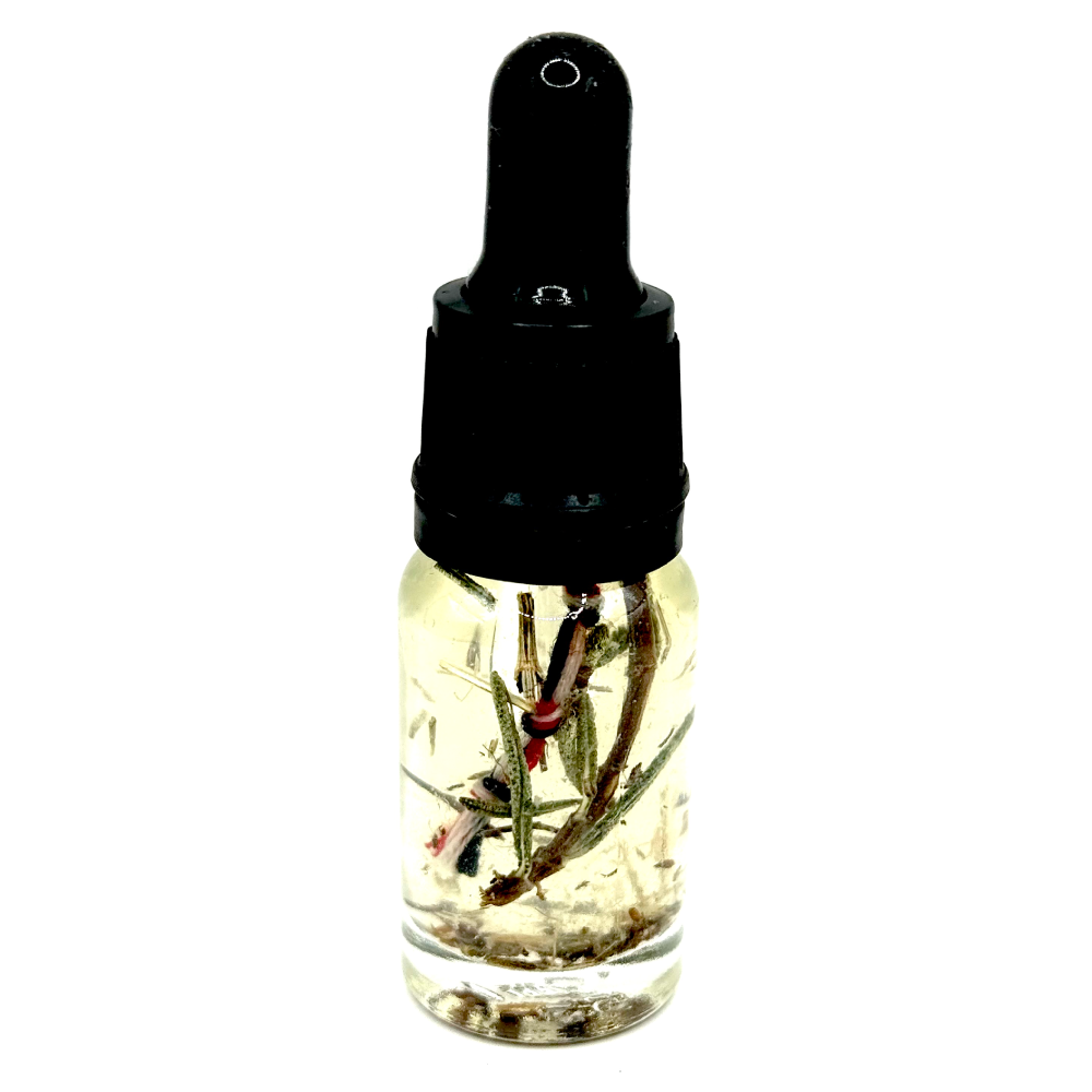 Witch’s Knot Oil – ritual cord and knot magic anointing oil with red, white and black thread, rosemary and vervain by The Wild Cauldron.